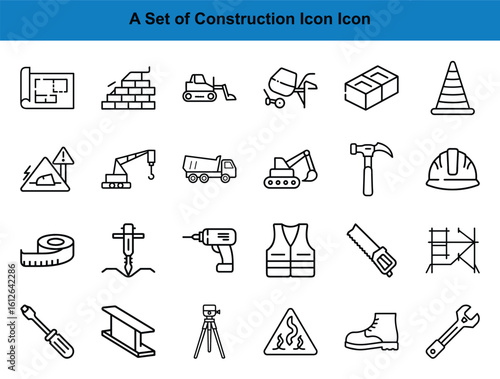 Line drawing features various construction tools, vehicles, safety equipment against a transparent background