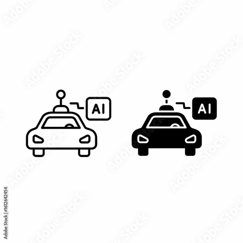 Two stylized illustrations of a self-driving car with an AI interface, showcasing technology.