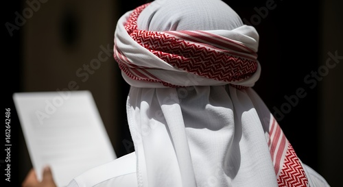 A man wearing traditional Middle Eastern headwear thoughtfully reads a document, his expression contemplative and serious.