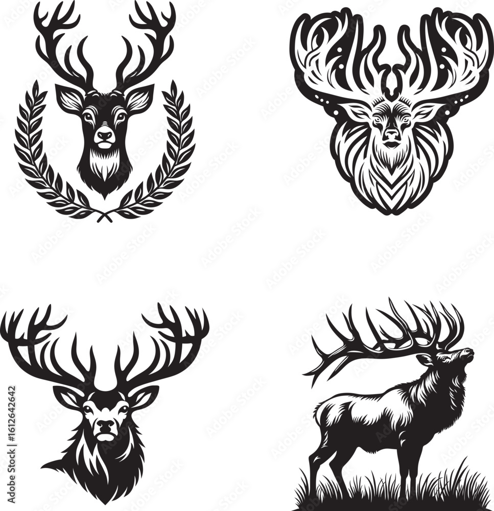 Obraz premium A set of four elegant black and white vector illustrations of deer heads with antlers in various artistic styles. Perfect for logo design, tattoos, emblems, badges, and wildlife-themed artwork. 