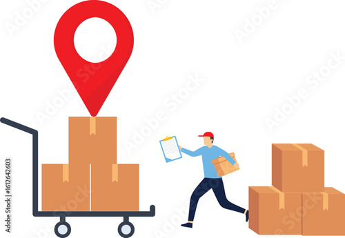 Staff working in logistics storage. Cartoon warehouse worker and loader taking boxes from cargo pallets in warehouse. Delivery service and warehouse interior concept. Flat Vector illustration.

