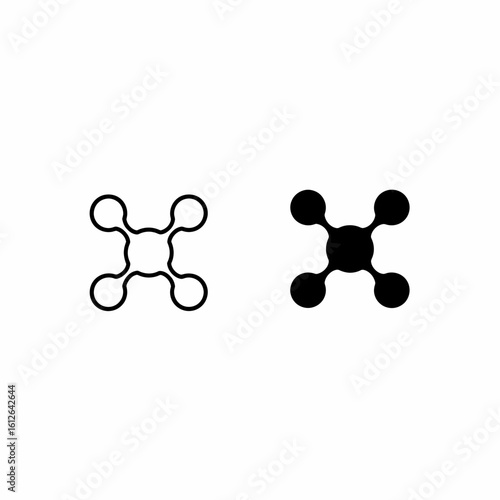 Two abstract geometric shapes, one outlined and one solid, each featuring a central element with four rounded extensions.