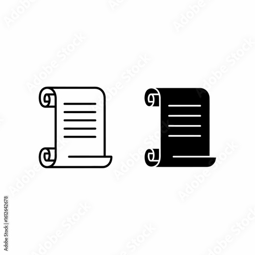 Two simple scroll icons; one outlined, one solid black.  Representing documents, history, or ancient texts.
