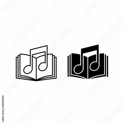 Two variations of a graphic icon depicting an open book with a music note rising from its pages.