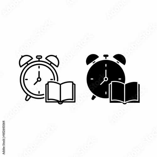 Two variations of a minimalist icon depicting an alarm clock next to an open book, one outlined and one solid.