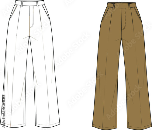 High waist wide leg pants template, fashion flat sketch, front view, brown and white color, women’s trousers design, technical drawing, editable