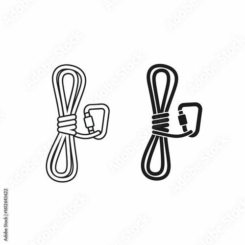 Two simple line drawings of climbing ropes with carabiners.