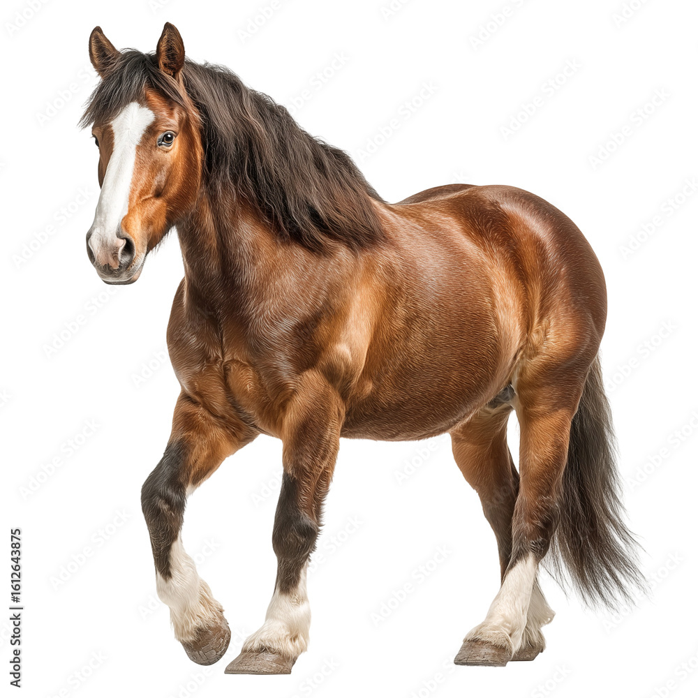 Obraz premium A brown horse with a white blaze standing against a black background isolated on transparent background