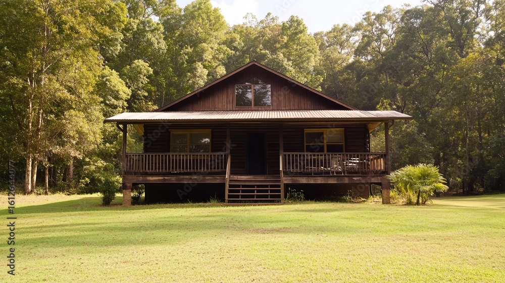 Fototapeta premium Rustic cabin nestled in a verdant forest