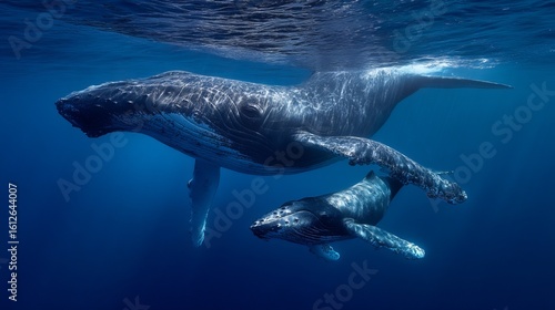 A magnificent humpback whale and its calf swim gracefully through the deep blue ocean.