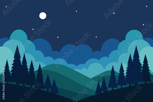 Stylized flat design landscape of pine trees under a starry night sky with a full moon