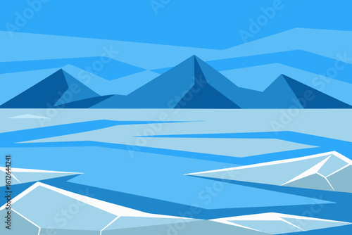 Geometric abstract landscape featuring icy water and blue mountains under a clear sky