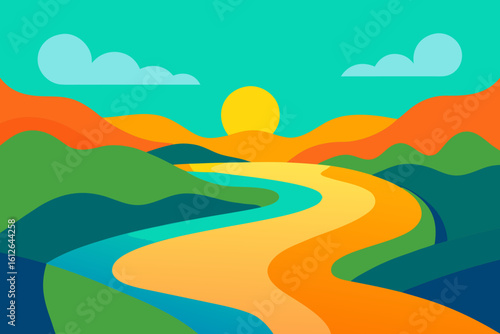 Vibrant abstract landscape with winding river and colorful rolling hills under a bright sun