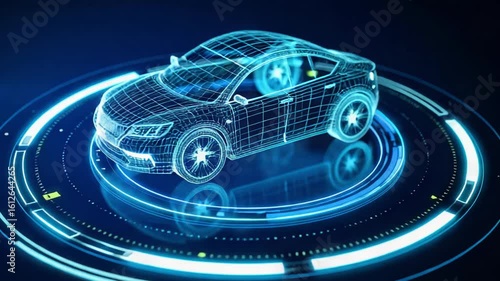 A futuristic wireframe car model glows with blue light on a digital circular platform, symbolizing advanced automotive design, engineering, and technology innovation.