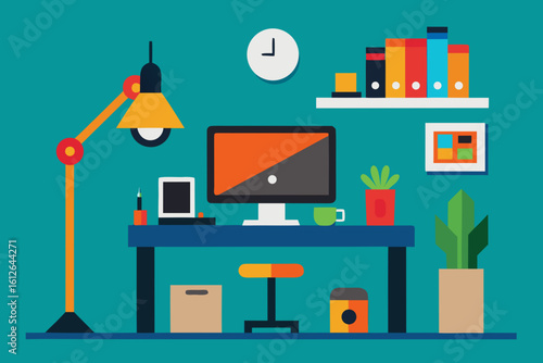 Modern flat design office workspace with computer lamp and plants