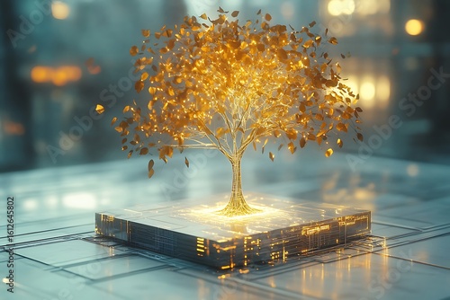 Golden Tree on Circuit Board Platform, Glowing Futuristic Technology Art Image, Digital Concept