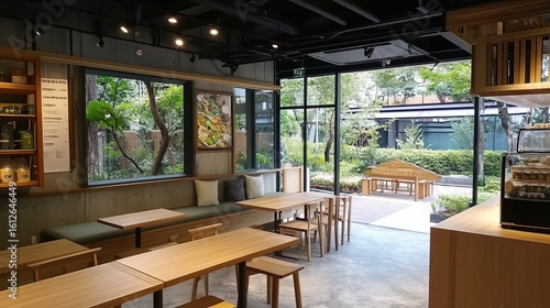 Modern cafe with natural light  wooden tables and seating  and a garden view