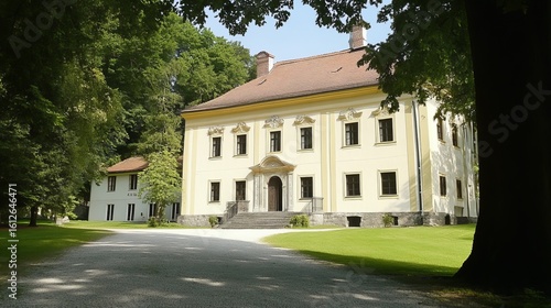 Wallpaper Mural A light yellow stately home, nestled amongst lush green trees, is framed by a paved pathway Torontodigital.ca