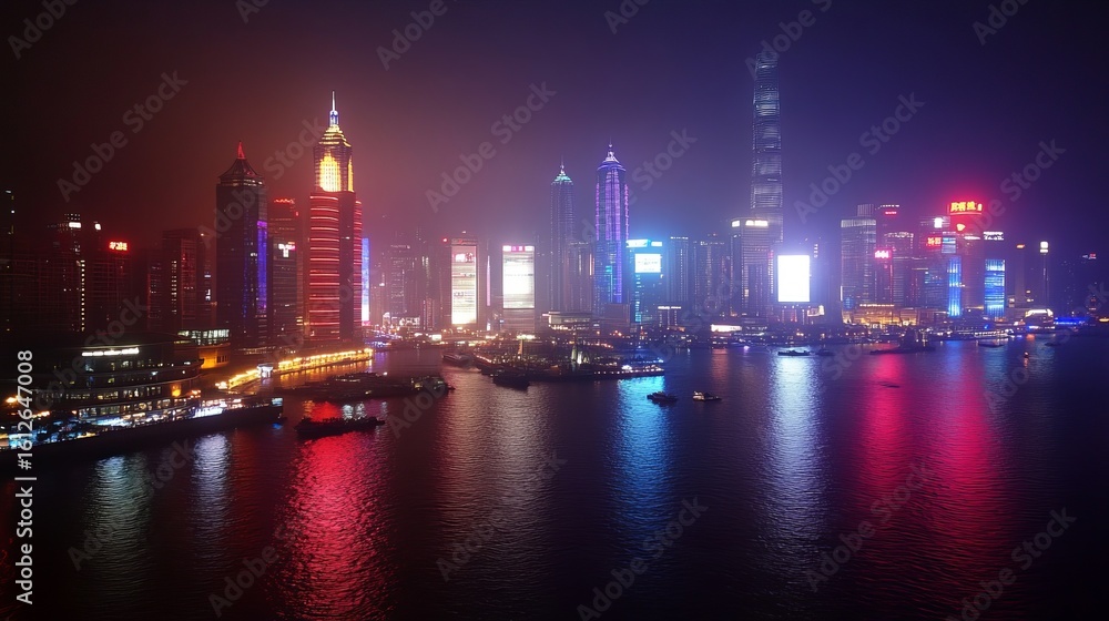Fototapeta premium Blurred cityscape at night, vibrant lights reflecting on water