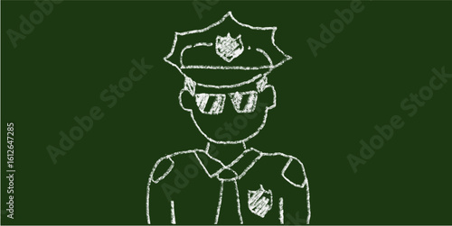 Chalk hand-drawn police icon on green chalkboard background. Simple doodle vector symbol representing law enforcement, security, safety, authority, justice, and protection.