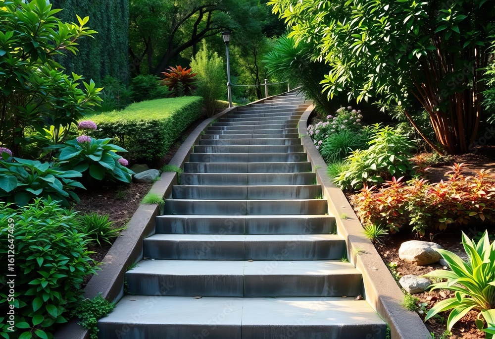 Seven concrete steps ascend through lush greenery, peaceful garden path, ascent, up Seven concrete steps ascend through lush greenery, peaceful garden path, ascent, up