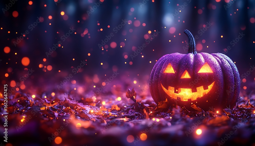 Fototapeta premium Glowing purple jack o lantern on autumn leaves with bokeh lights halloween pumpkin