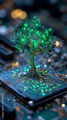 Luminous Green Tree Emerging From Blue Circuit Board with Bokeh Background Effect