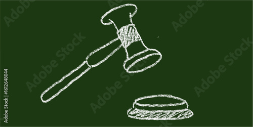 Chalk hand-drawn law hammer or gavel icon on green chalkboard. Simple doodle vector representing judgment, decision, court, justice, legal system, and authority in law.