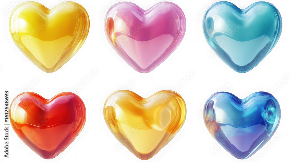 Fruit jelly hearts set isolated. Different colors jelly candy heart 3D shapes isolated on white and transparent background Fruit jelly hearts set isolated. Different colors jelly candy heart 3D shapes isolated on white and transparent background