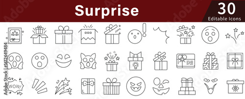 Surprise Line Icons Set with Editable Stroke for Gift, Party, Celebration, and Special Occasions