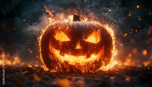Jackolantern engulfed in flames with glowing eyes and smoke halloween pumpkin