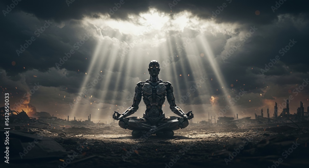 Fototapeta premium Serene Robot Meditating, Amidst Ruins, Seeking Inner Peace
