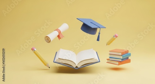 3d render education concept with floating books, graduation cap, diploma, and pencils