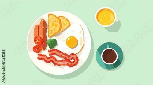 Colorful illustration of a complete breakfast plate.
