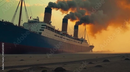 Abandoned Ship on a Beach with Billowing Smoke and Sunset Glow