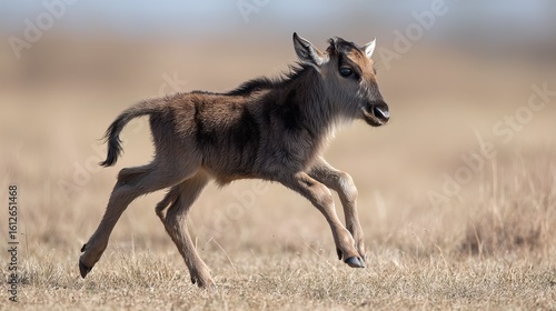 A sprightly young antelope soaring across a sunlit grassland.