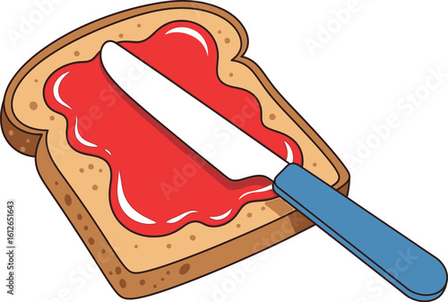 A slice of bread with red jam spread on it and a knife with a blue handle lying on top of the toast