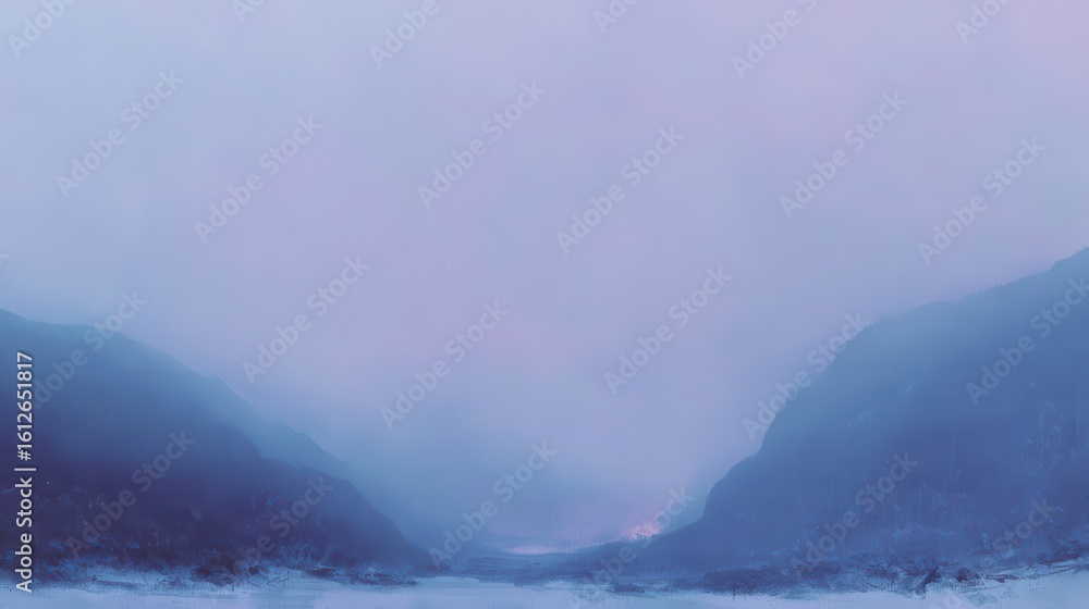 Naklejka premium Misty mountain valley in soft hues of blue.