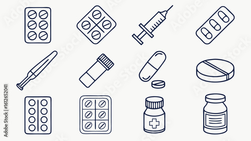 Collection of medical icons featuring pills capsules a syringe and medicine bottles representing healthcare and treatment