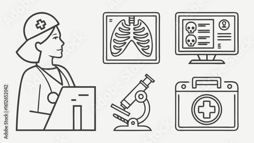 Medical icons featuring a doctor x ray computer monitor microscope and first aid kit