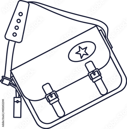 A colorful satchel bag with a shoulder strap and a star emblem on the flap against a white background