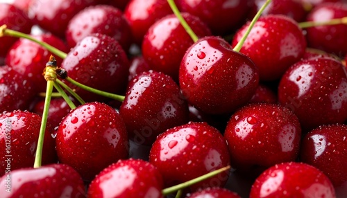 Close-up of many ripe, red cherries glistening with water droplets