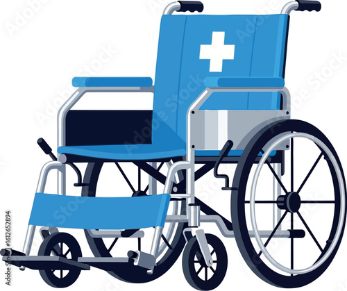 A blue and silver wheelchair with a white cross on the back against a white background illustration