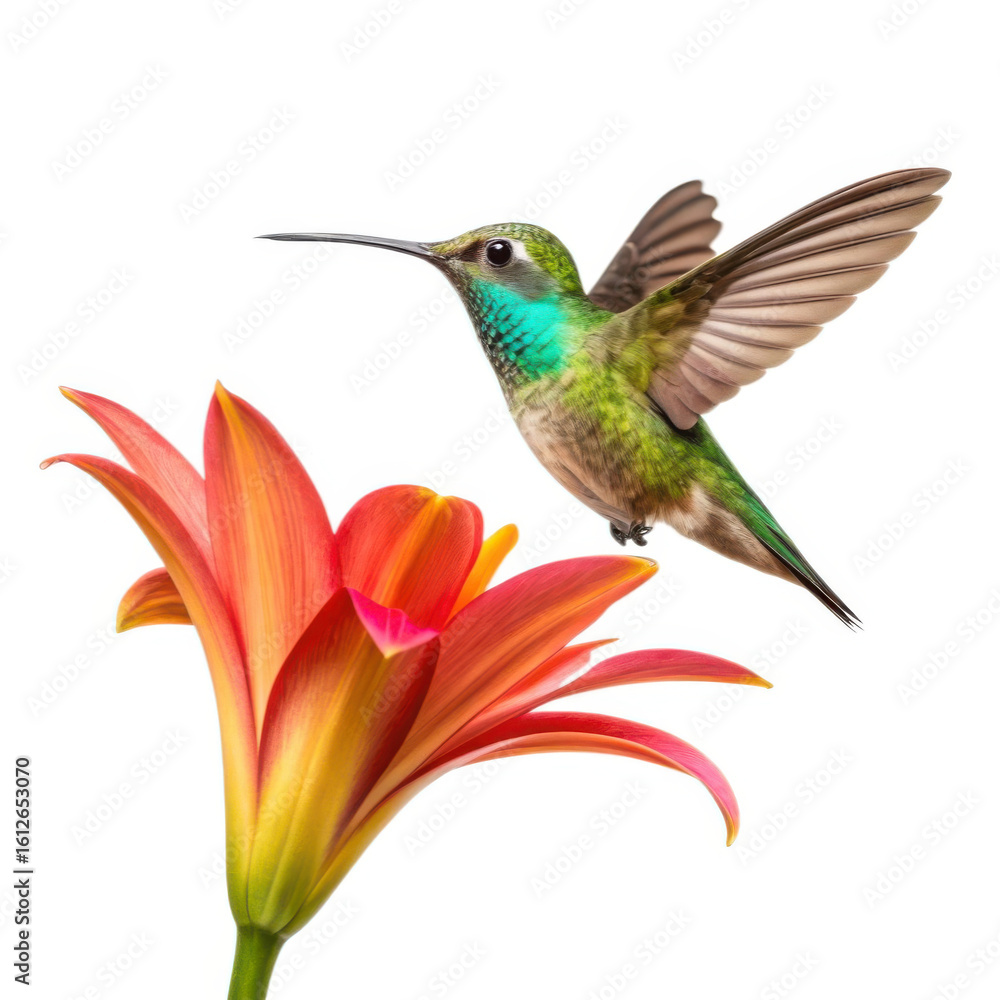 Obraz premium Hummingbird feeding on a lily flower isolated on transparent background