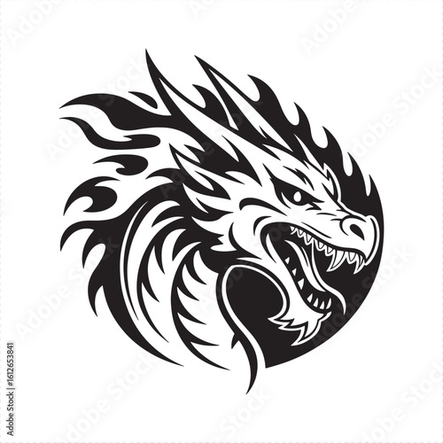 Black and white dragon head with sharp teeth and flame accents illustration