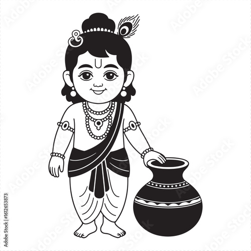 Baby Krishna with peacock feather and pot vector illustration Hindu god Indian mythology