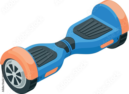 A cartoon illustration of a blue and orange hoverboard on a plain white background surface