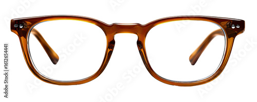 Close-up of a pair of round-framed eyeglasses, a rich amber or bronze color.  The frames are smooth and appear somewhat vintage in style.  A dark background isolates the glasses