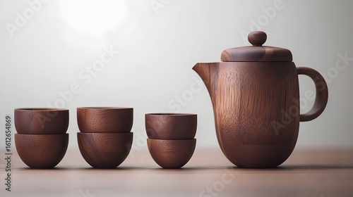 Elegant Wooden Tea Set with Teapot and Four Cups on a Wooden Surface