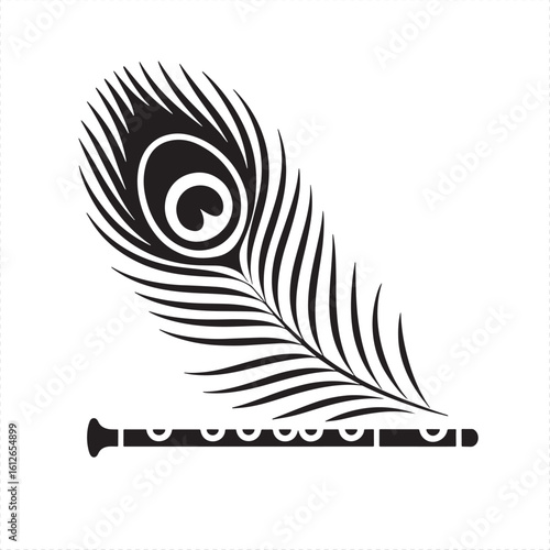 Black silhouette of a peacock feather and a flute musical instrument bird feather Krishna Logo